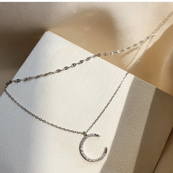 #NEW 925 Sterling Silver Diamond Crescent Moon Double Layer Necklace - Picture 7 of 7
